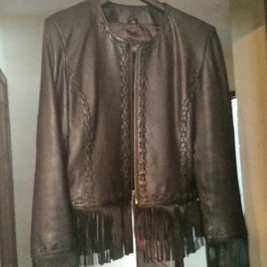 Women's fringe black leather jacket